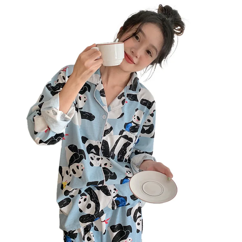 Cartoon Panda Pajama Women Spring and Autumn Long-sleeved New Girl Cardigan Home Clothes Soft Kawaii Student\'s Loungewear Women