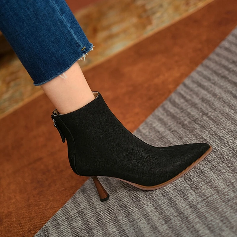 NEW Fall Shoes Women Pointed Toe High Heel Shoes Genuine Leather Shoes Thin Heel Ankle Boots for Women Sexy Zipper Modern Boots