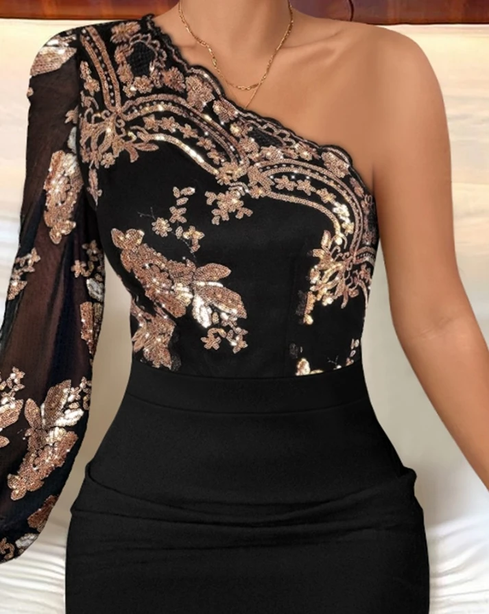 Fashion Dresses Floral Pattern Contrast Sequin One Shoulder Bodycon Dress Elegant Dresses for Women Shipped Within 48 Hours