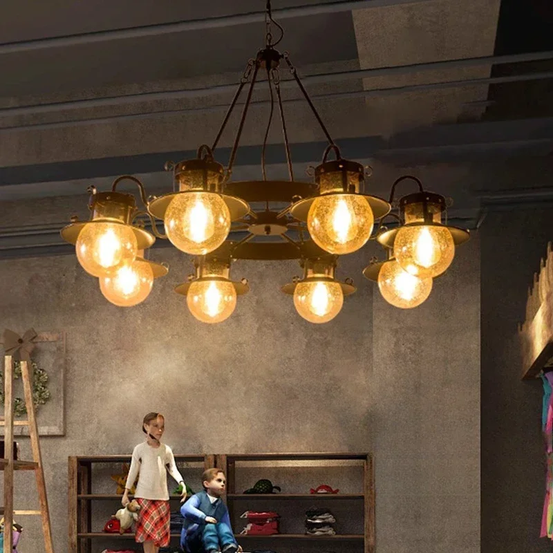 American Retro Industrial Style Living Room Bedroom Cafe Barber Shop Wrought Iron Glass Chandelier