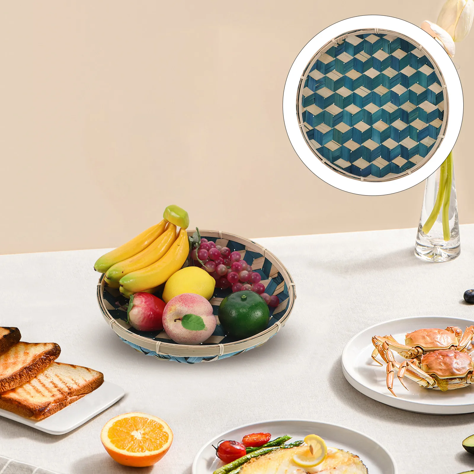 

Handmade Woven Bamboo Tray U Shape Fruit Snack Storage Organizer Flat Shallow Basket Decorative Round Plate Drying Sieve Bean