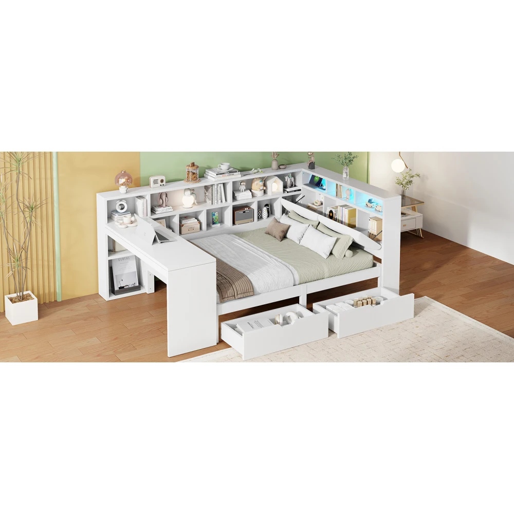 90x200 L-förmiges Plattformbett aus Holz mit Schreibtisch und Bücherregal, Eckkapitänsbett mit gepolstertem Kopfteil, Schubladen, LED-Licht – Detail 25