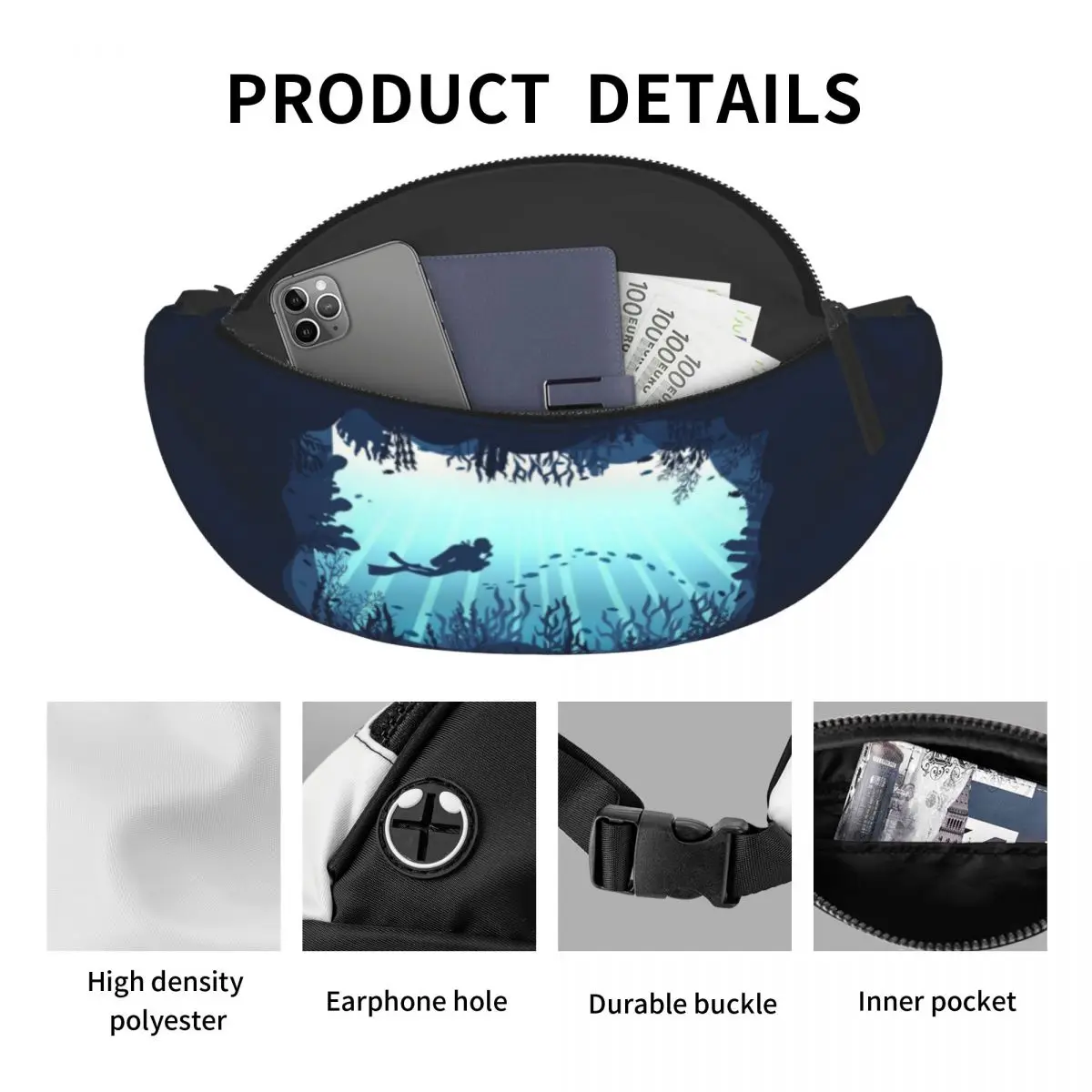 Casual Crossbody Fanny Pack para homens e mulheres, Deep Sea, Caveran Diver, bolsa de cintura para acampar, ciclismo, bolsa de dinheiro para telefone