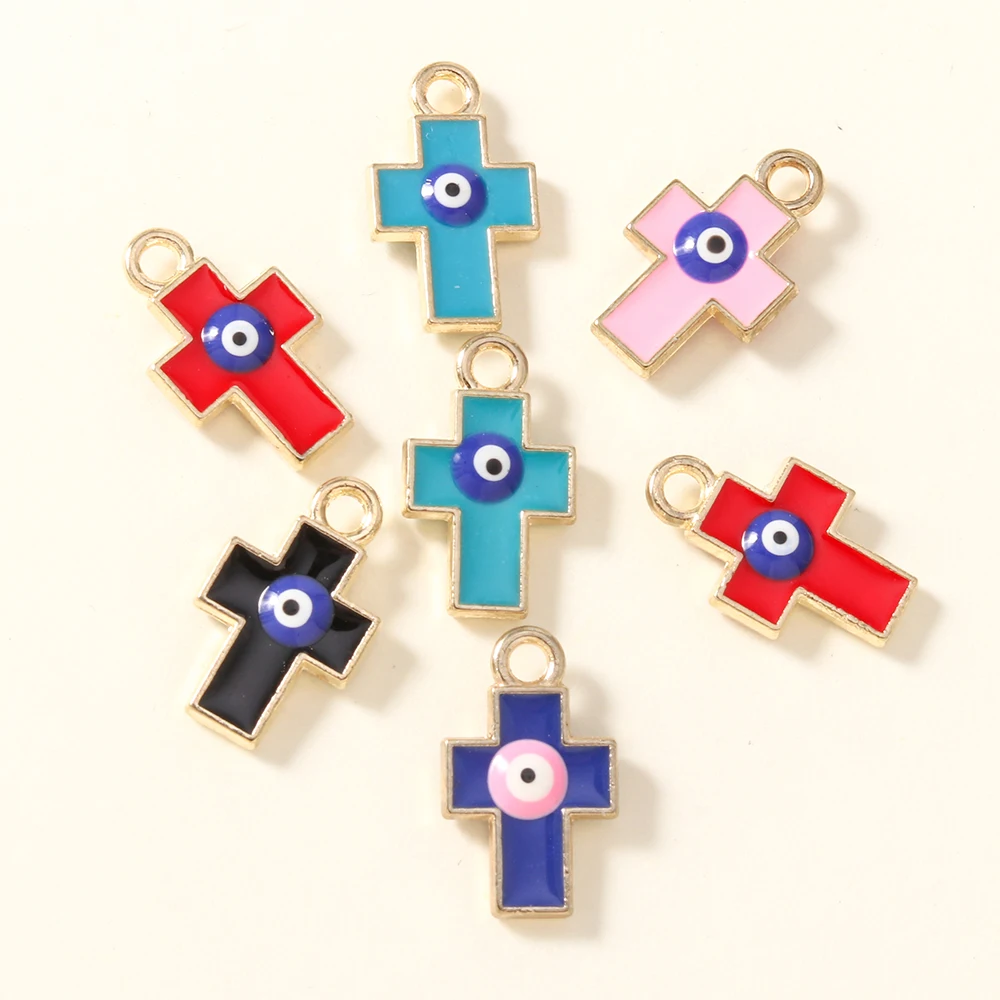10 Stück 9*15mm Emaille-Böser-Blick-Kreuz-Anhänger für DIY-Schmuckherstellung, handgefertigte Charms für Ohrringe, Armbänder, Halsketten