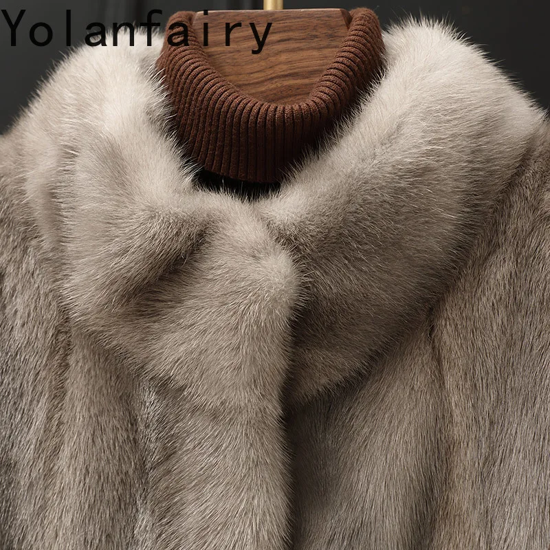 YOLANFAIRY ماركة معطف الفرو الطبيعي امرأة المنك سترة الشتاء منتصف طول الفاخرة 2025 معاطف فرو المنك كاملة الوقوف طوق الرمادي جاكيتات