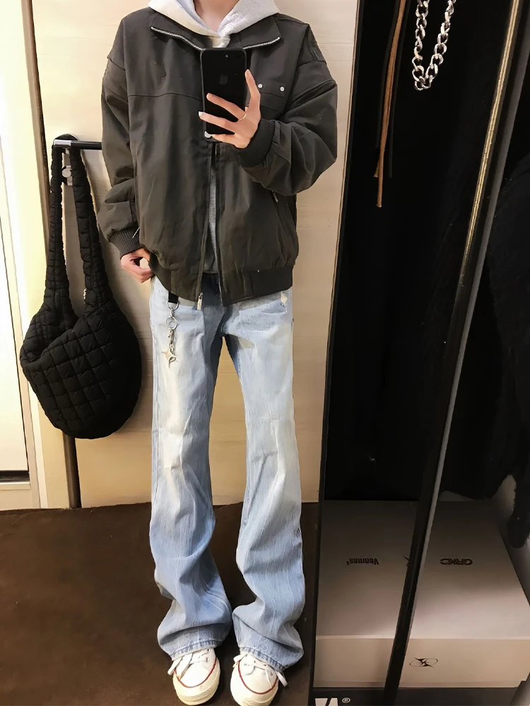 

Light Blue Washed Denim Jeans Men's American High Street Vibe Pants Knife Straight Leg Micro Flared Legs Lightning Pattern
