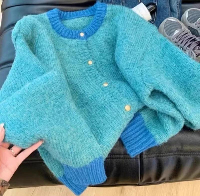 

Autumn WinterSingle-breasted Cardigan Long Sleeve Patchwork Knitted Sweater O-Neck Casual Warm Coat