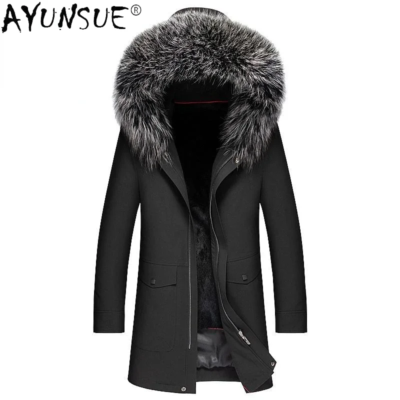 AYUNSUE Fox fur collar Parkas Winter Jacket Men Clothing Rabbit liner Fur Jackets Midi-length warm Fur Coat Male Clothes 2025