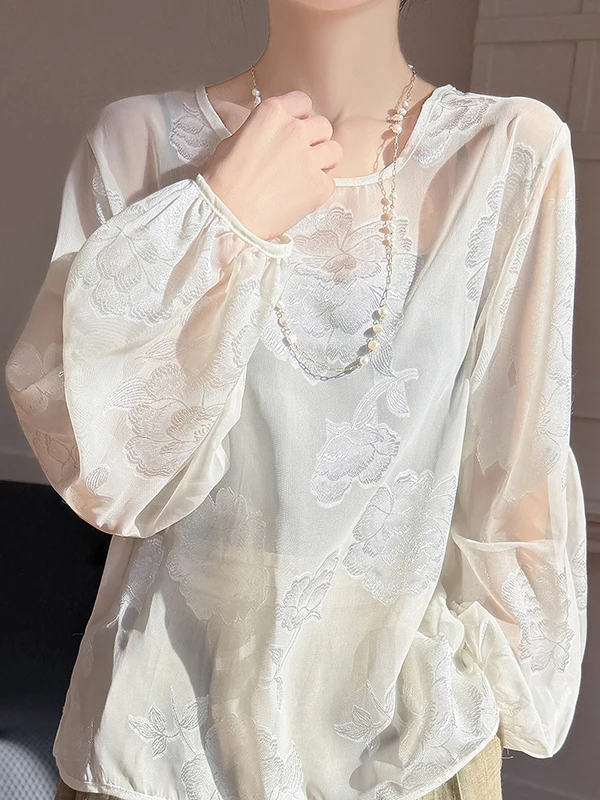 

New Chinese Sle Silk Embroidered Top Women's Lightweight Long Sve round Ne Plant Floral Patterned Outerwear irt