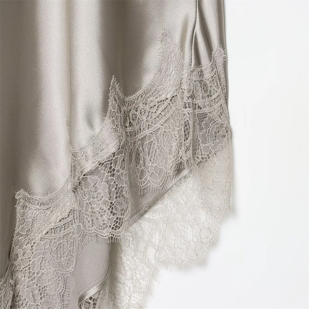 Herbst Neue Damenmode Sexy Spitze Detail Satin Textur Kleid