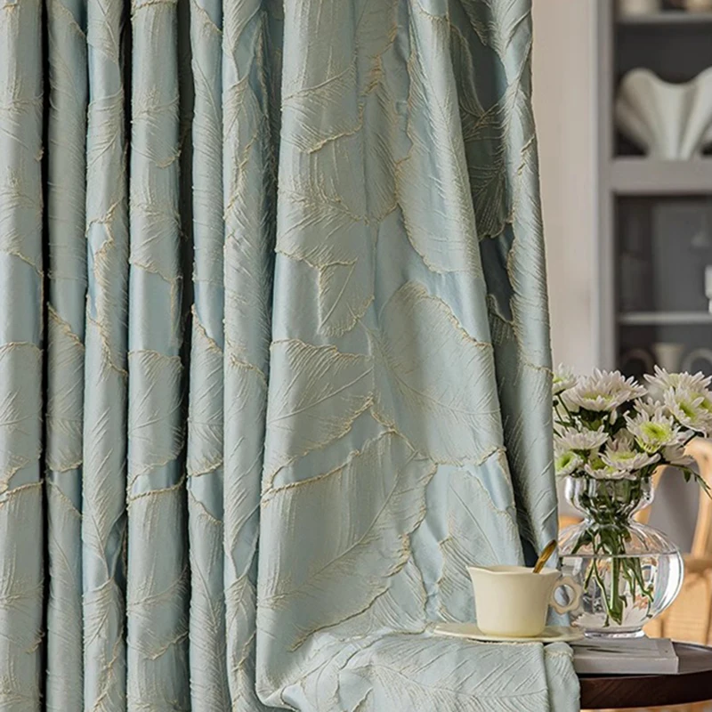 

Luxury Bronzing Leaf Semi Blackout Curtains Jacquard Design Botanical Pattern Sheer Tulle Curtain for Living Room Window 1 Panel