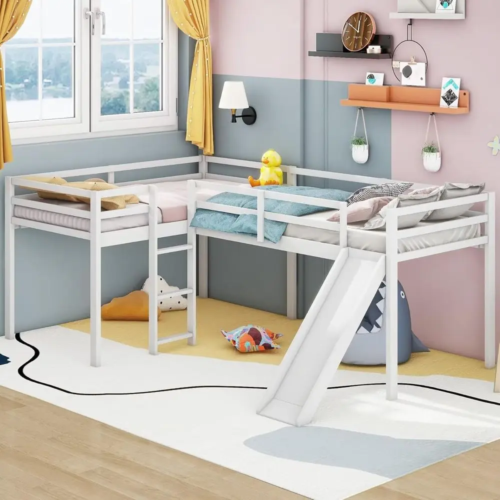 MeTwin Size Double Lot Bed with Slide and Ladder, Wooden L-Shaped Bed e with ull-Length Guardrail, Wood Bede or Kids Teens Adult