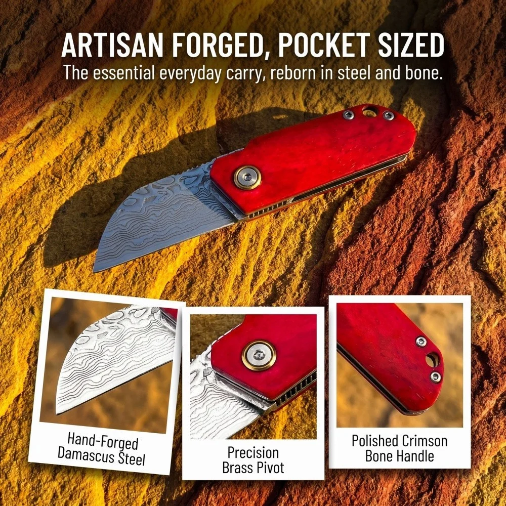 Vintage Red Handle Damascus Steel Folding Pocket Knife Natural Bovine Bone Compact EDC Carry Knife for Camping and Daily Use