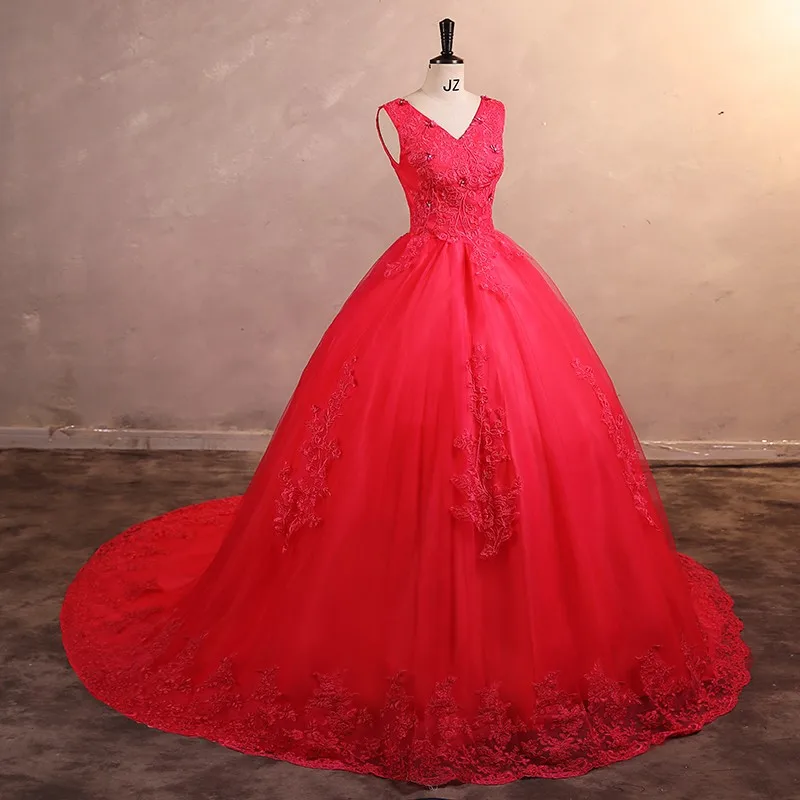 Sonhar Vestidos New Sleeveless Quinceanera Dresses V-neck Party Dress Classic Ball Gown Red Prom Dress For Girls Plus Size