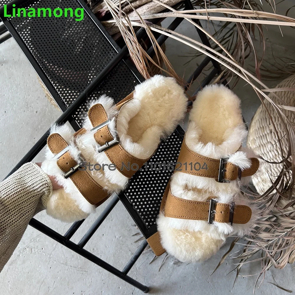 Furry Flat With Winter Slippers For Female Women 2024 New Round Toe Buckle Design Outside Casual Thick Sole Fashion Warm Shoes