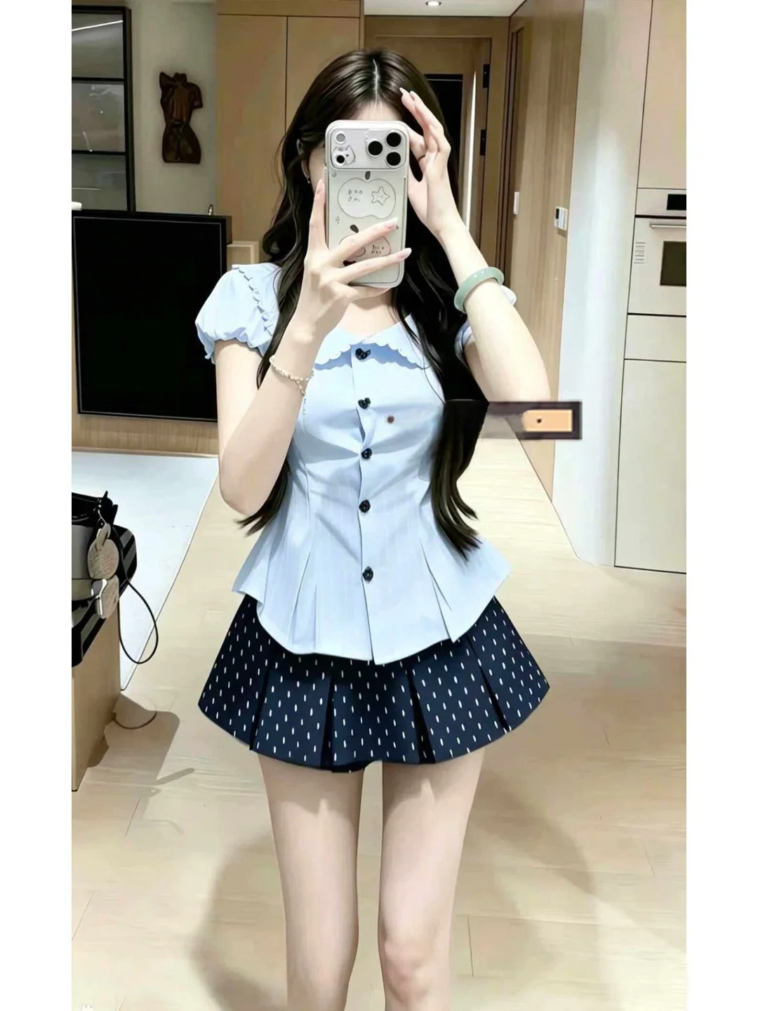 American Retro Doll Collar Waist Cinched Fish Tail Top Women Summer Sweet Slimming Polka Dot Pleated Skirt Two Piece Set