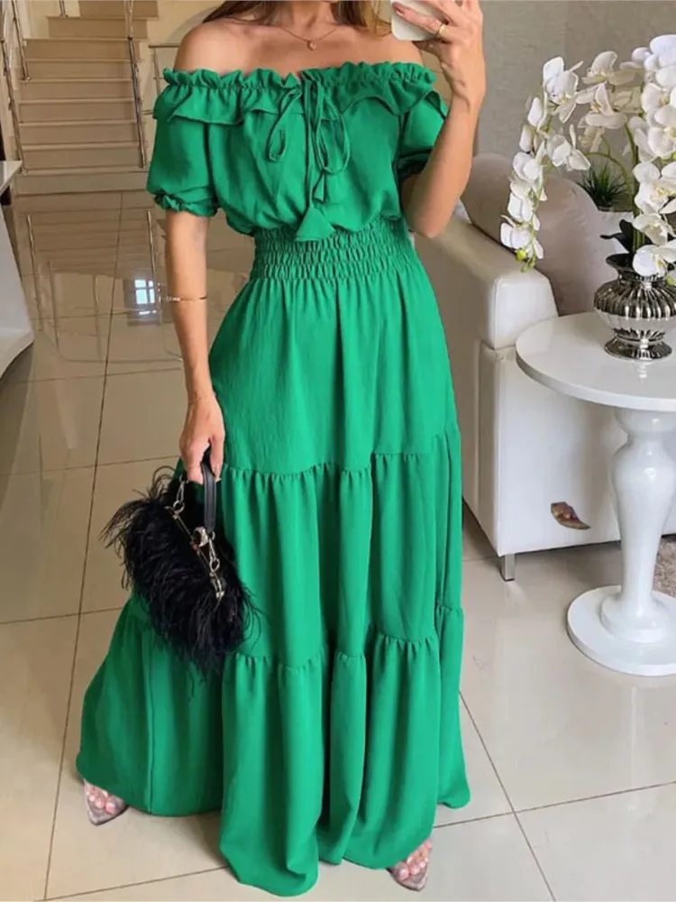 Abito Boho verde da donna Moda estiva Elegante manica corta con volant Maxi abiti casual Abito ampio da ufficio femminile Nuovi abiti