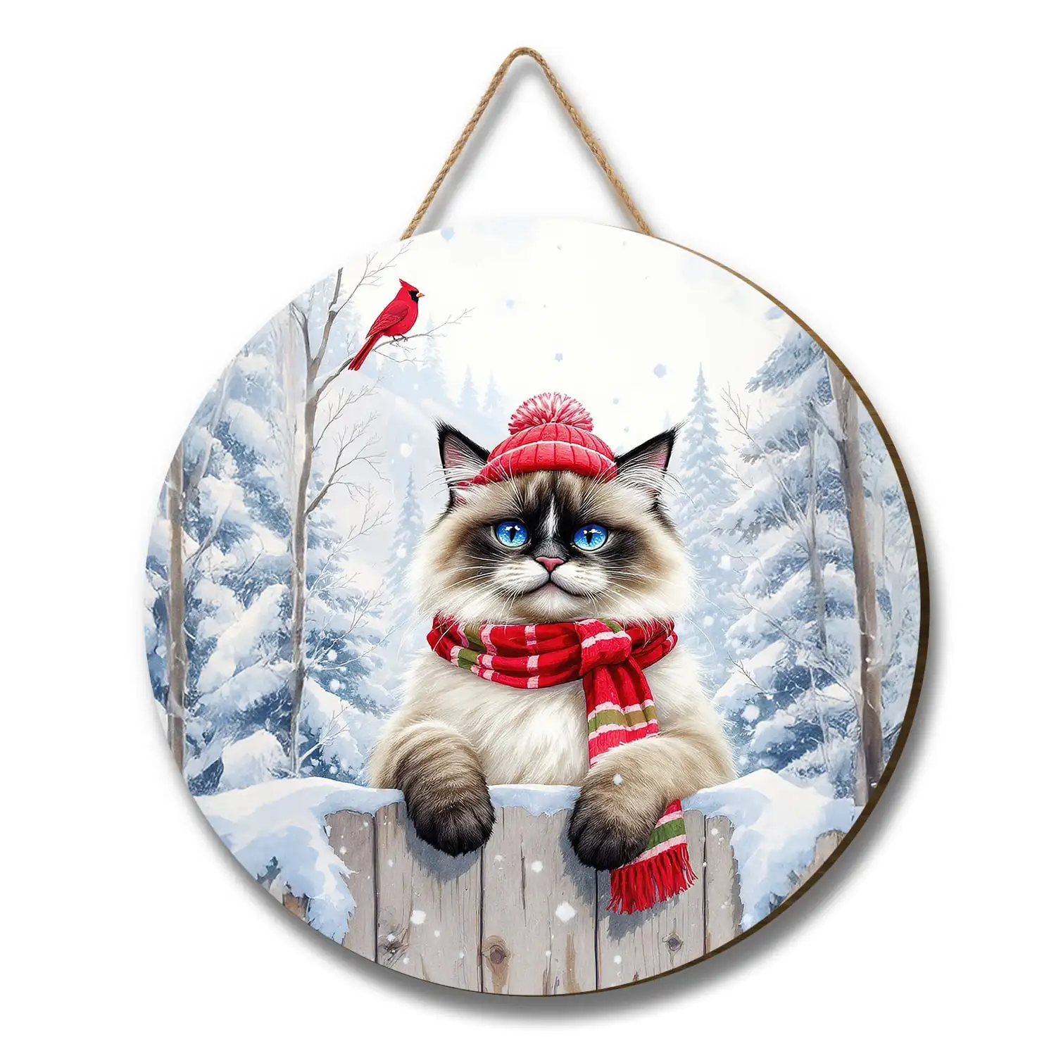 Playful Ragdoll Welcomes Winter Snowy Day with Cardinal Bird Round Wood Sign Cat Lover Kitten Owner Gifts Idea Hanging