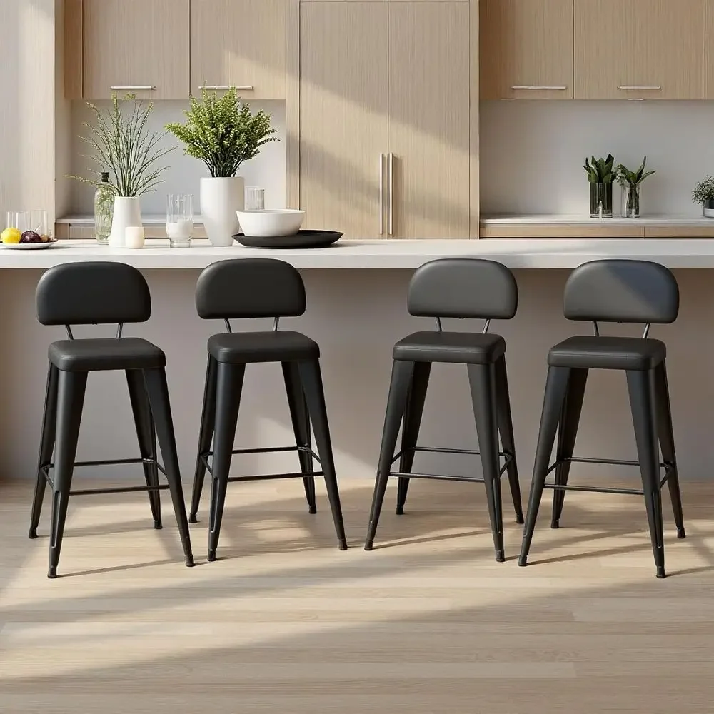 

Set of 4, 30-Inch Black Bar Stools with Cushion and Low Back for Kitchen Island or Bar