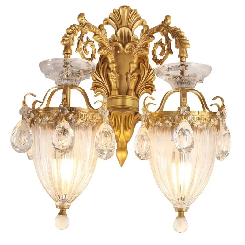 Golden Victorian Style 2 Light Wall Lamp Retro Crystal Glass Luxury Indoor Sconce Bedside Decorative Lighting Fixture