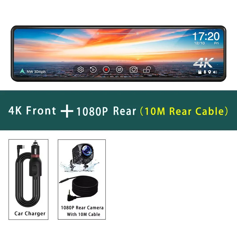 11.26インチ UHD 4K 2160P 車載DVR GPS WIFI ミラー型ドライブ