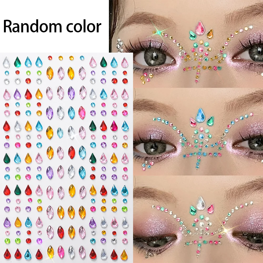 1Sheet 3D Colored Teardrop Diamond Face Eye Tattoo Sticker Sparkling Self-Adhesive Rhinestones Tattoos for Cosplay Makeup Decals