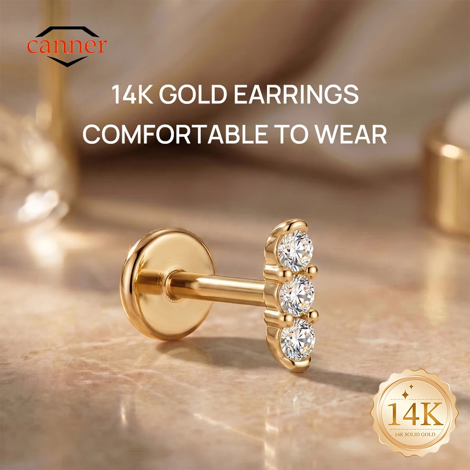 CANNER 1PC 14K Solid Gold Triple CZ G23 Titanium Piercing Flat Back Stud Earring Helix Tragus Cartilage Hypoallergenic Jewelry