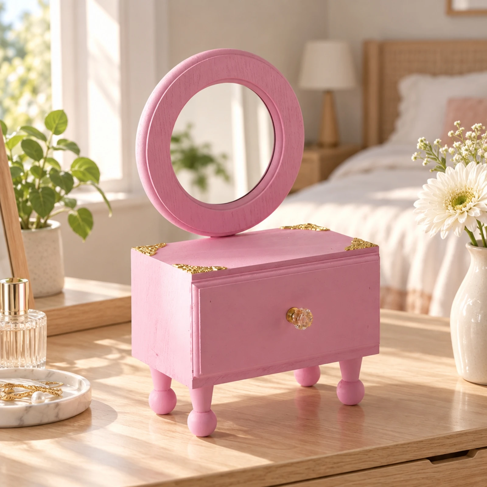 Wooden Jewelry and Cosmetic Storage Box with Mirror Stylish Pink Wooden Jewelry Box with Drawer Long-Lasting Multi-Compartment