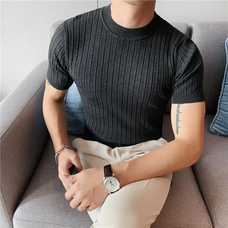 2023 New Style Men High Grade Solid Color Stripe Knit T-shirt/Male Slim Fit Fashion High Collar Short Sleeve T-shirt Black White