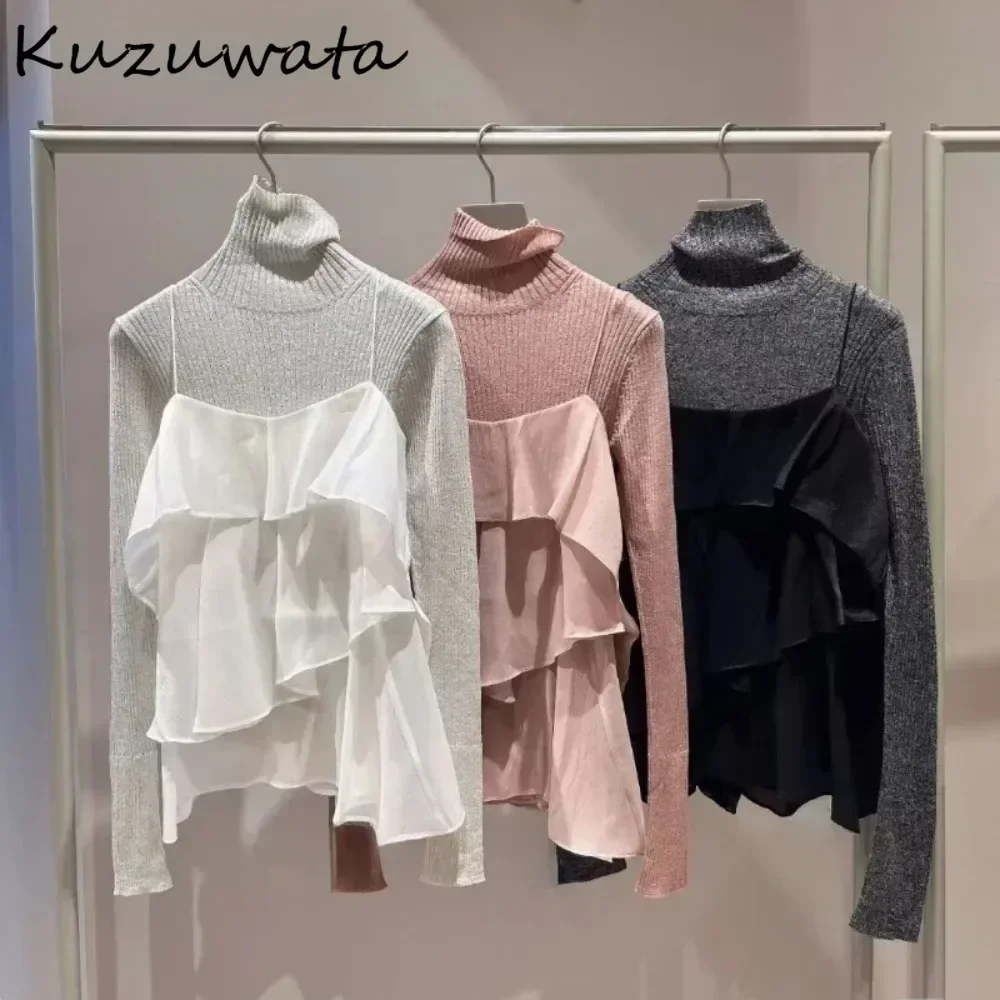 Kuzuwata Women Sweet Voile Ruffles Suit Camis Solid Turtleneck Long Sleeve Slim Pullover Japan New Moda Sets Casual Pull Femme