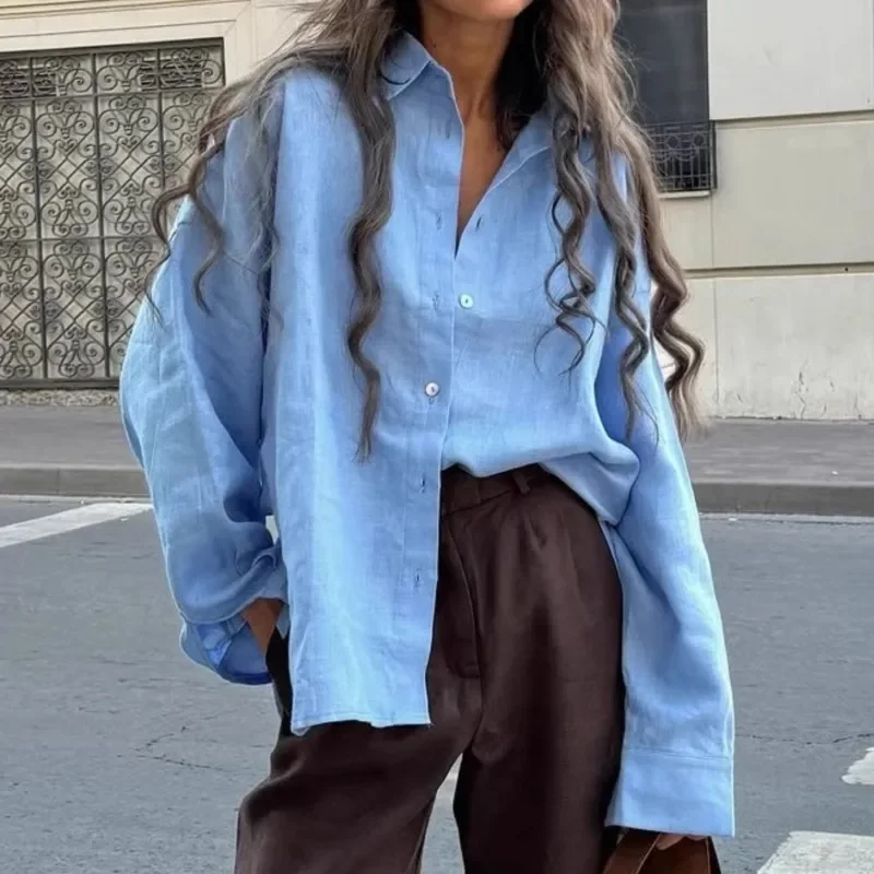 

Summer Shirts Women's Fashion Loose Office Women Blouse Elegant Lapel Long Sleeves Shirt Casual Woman Classic Solid Top Female