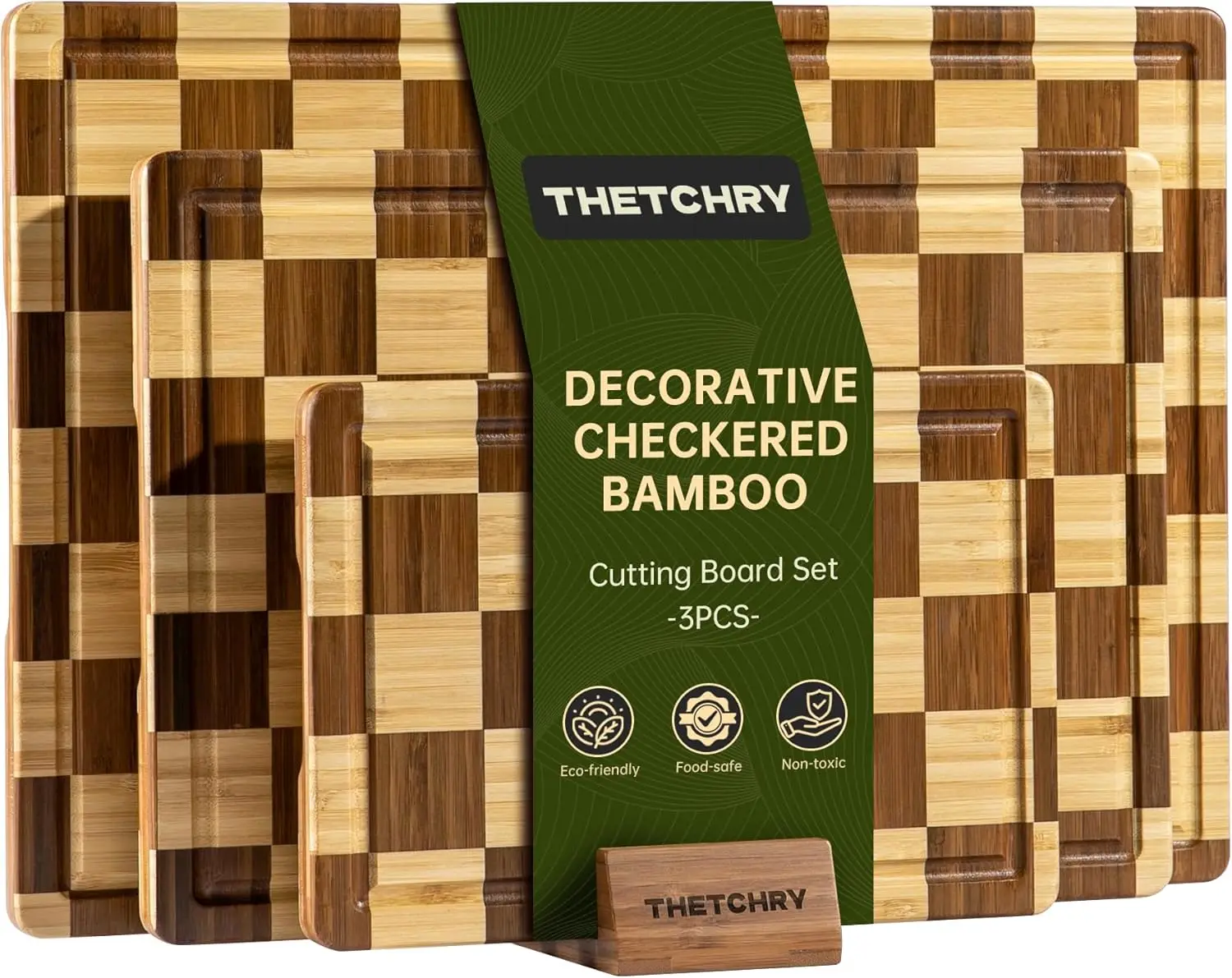 

3 Pack Checkered Bamboo Cutting Board Set, Decorative End Grain Thick Wood Cutting Board, Crack-Resistant, Heavy Duty No