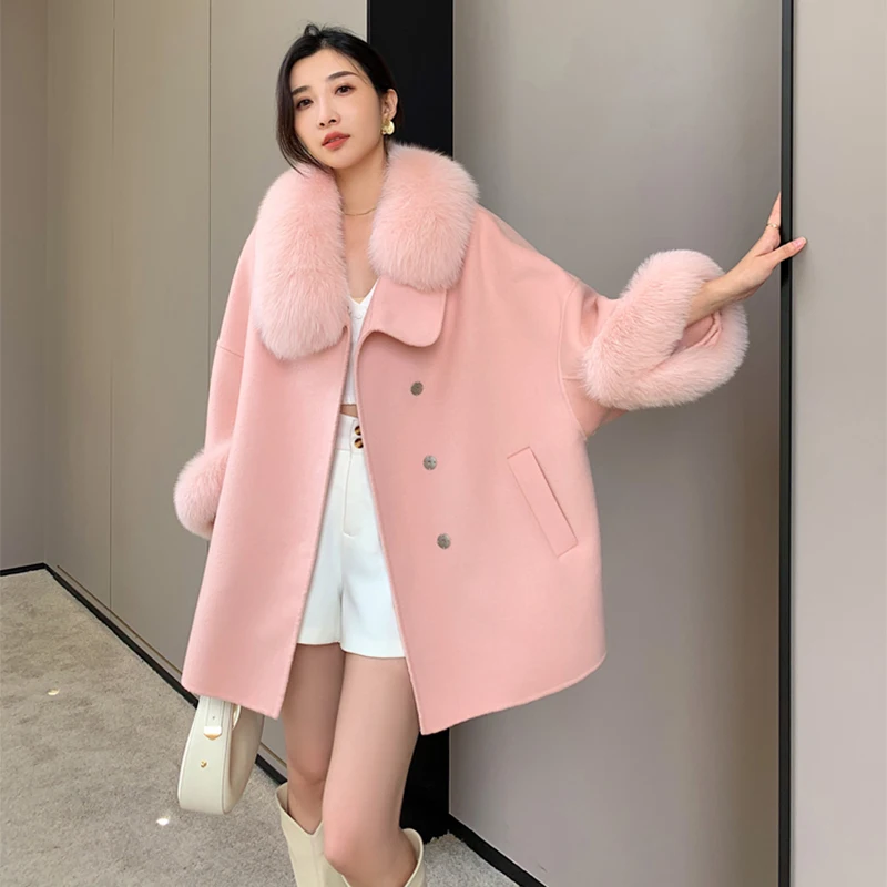 Double Sided Woolen Overcoat Women's Autumn and Winter Fox Fur Collar Oversize Coat Medium Long Slim fit Belt Real Fur Jack