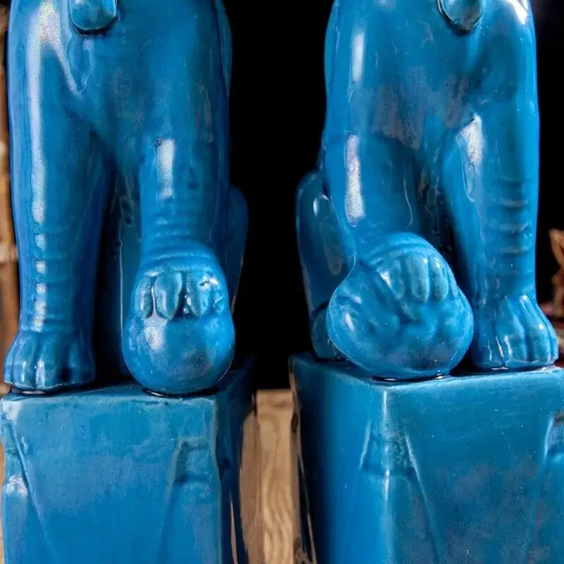 1 Pair Chinese Jingdezhen Ceramics Porcelain Blue Foo Fu Dog Guardion Lion Statue Pair Antique Porcelain Home Decor Statue