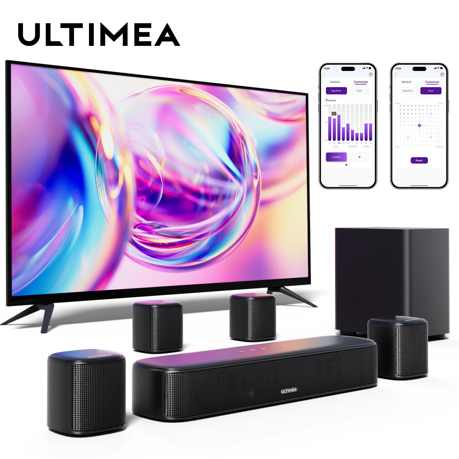 

ULTIMEA 330W 7.1ch Virtual Surround Soundbar,TV Sound Bar with Subwoofer and 4 Surround Speakers, Smart App Control, Aura A40