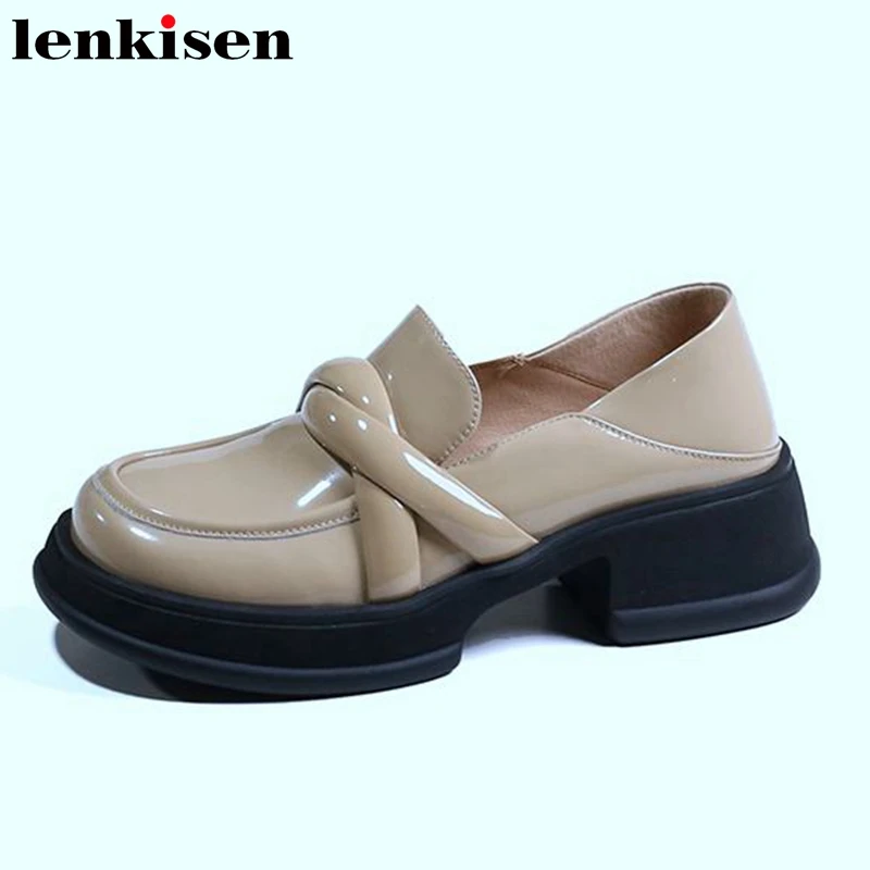 

Lenkisen Superstar Sheep Leather Round Toe Loafers Shoes Platform Design Leisure Comfortable Maiden Slip on Brand Women Pumps