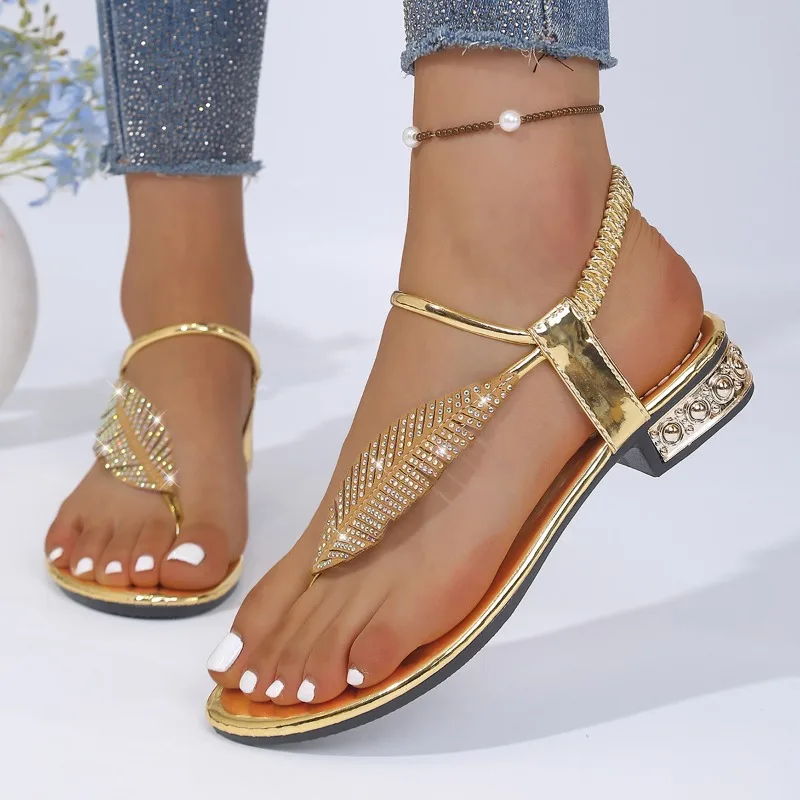 

Slip-on Block Heel Sandals Summer New Round Toe Open Toe Shiny Soft Sole Non-slip Women's Shoes