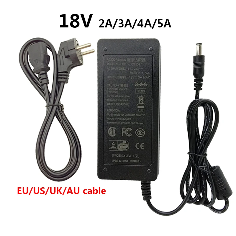 

18V Universal AC to DC Power Adapter Supply 18 Volt 3A 4A 5A Switching Converter Transformer 5.5*2.5mm Adaptor EU US UK AU Plug