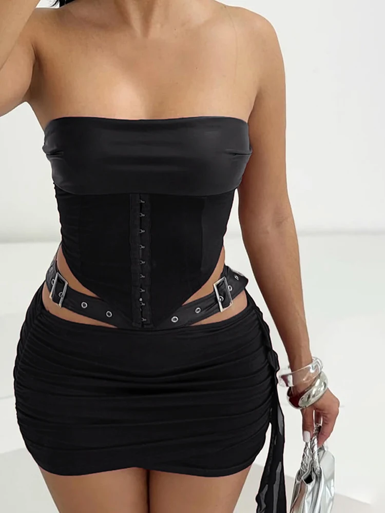 

Комплект для вечеринок 2026: Женский шикарный костюм с ажурной плиссированной юбкой и облегающим топом без бретелек с открытыми плечами