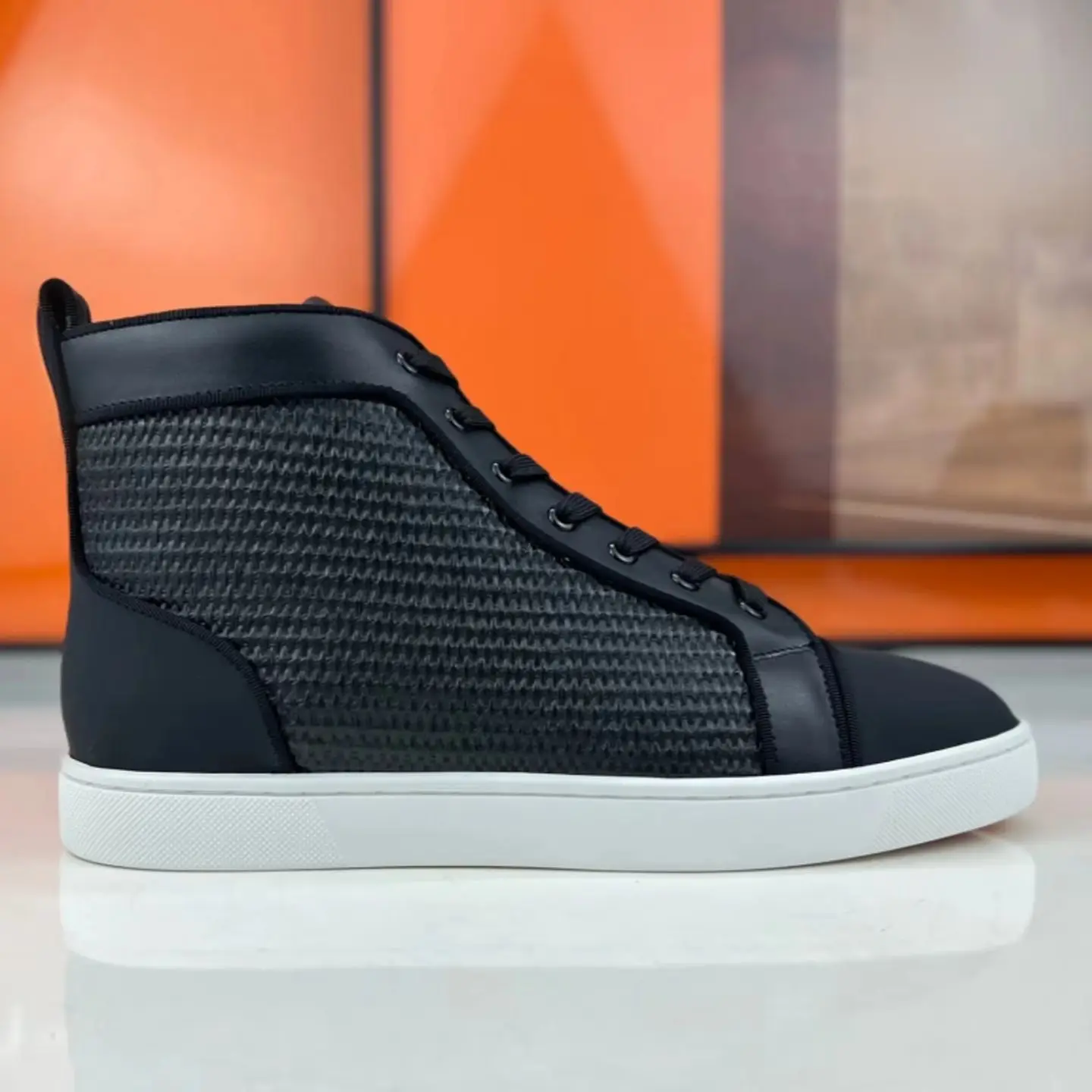 Luxury Men's High Top Black Weave Leather Lace Up Loafers Premium Red Bottom Casual Skate Trainers Flat Club Walking Boat Shoes