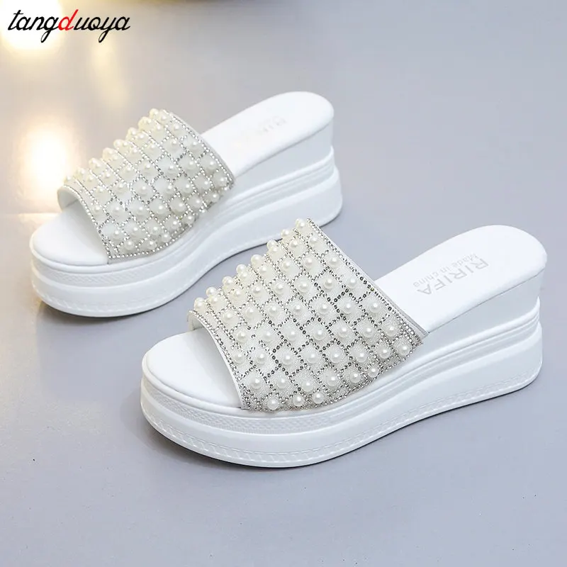 pearl white pink slippers Flip Flops Women shoes Slippers Platform Summer Shoes Open Toe Wedges Sandals Ladies Shoes women heels