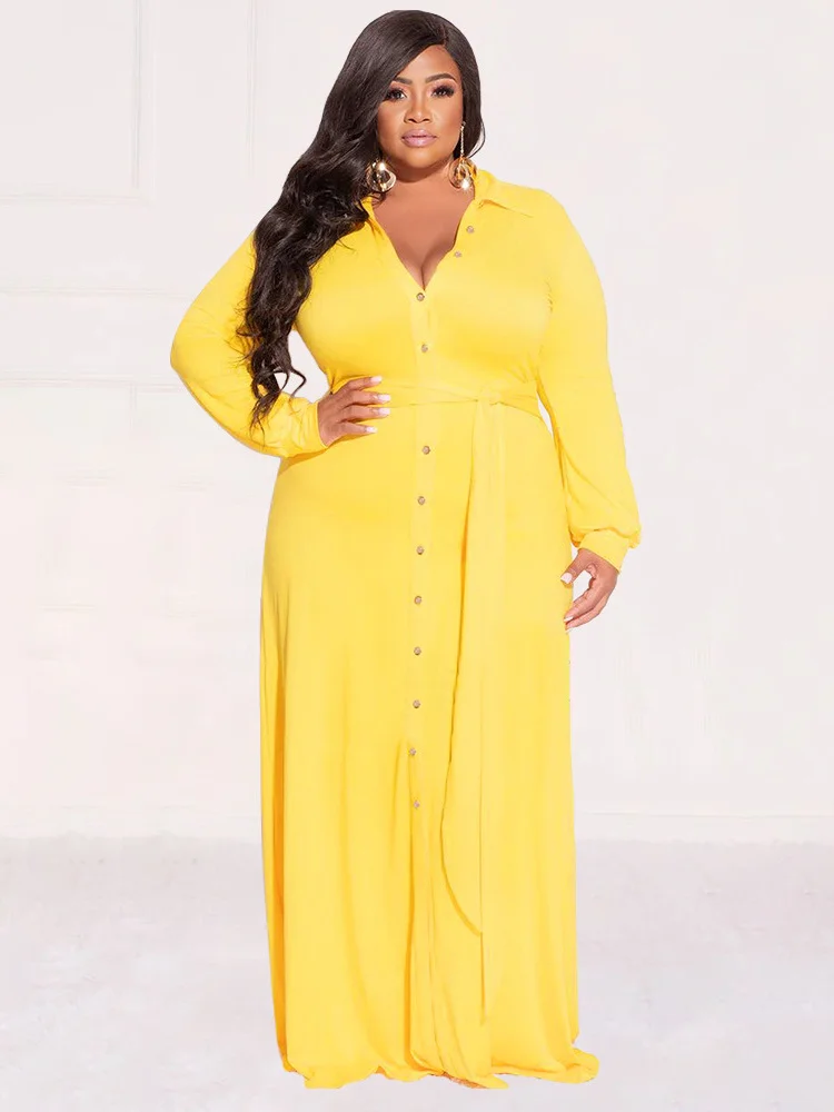 Wmstar Plus Size Dresses Women Fall Clothes Button Loose Solid Long Elegant Maxi Shirts Dress New Style Wholesale Dropshipping