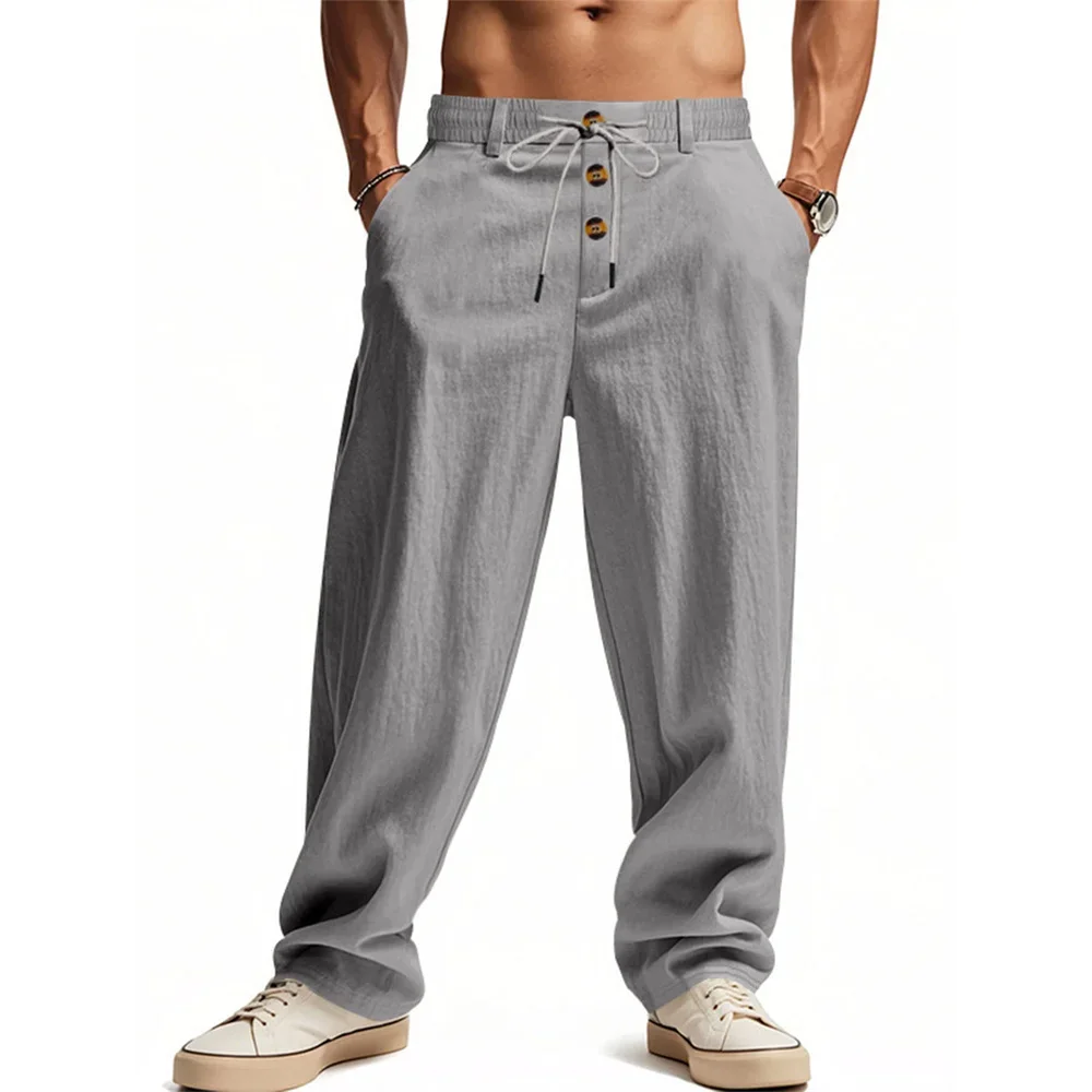 Autumn New Men's Cotton Pants Solid Color Button Drawstring Design Casual Loose Fit Cozy Trousers Simple Style Long Pants