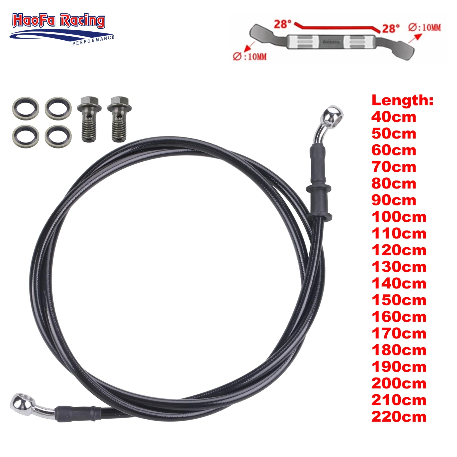 

AN3 3AN 40-220cm Braided Stainless Steel Brake Hose DOT Oil Line 10mm Banjo 28° Black Hydraulic Brake Cable for ATV Pit Bike Rac