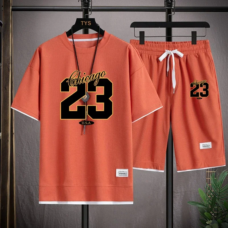 2025 メンズ夏フィットネスランニングカジュアルスポーツウェアセット速乾性通気性半袖 T シャツ + ショーツ 2 点セット