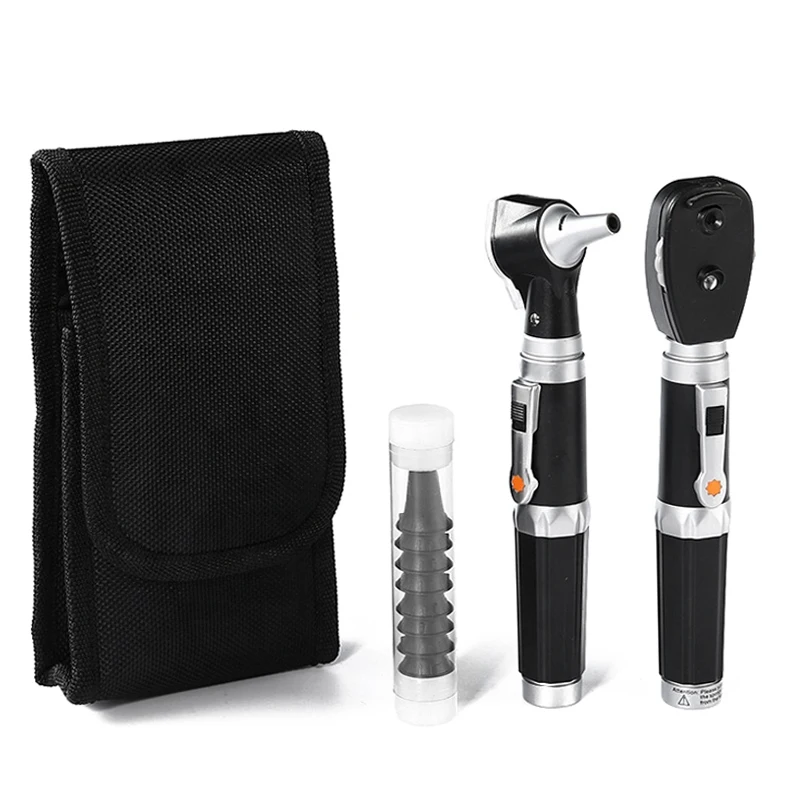 

Medical Professional Diagnostic Otoscopio Ear Eye Endoscope Care Fiber LED Direct Otoscope Ophthalmoscope Set with Storage Pouch