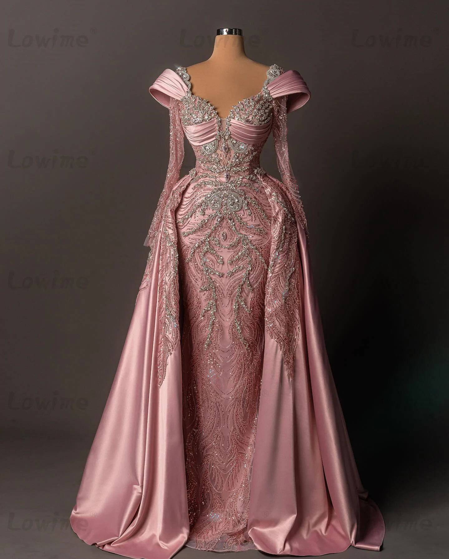 Gorgeous Pink Evening Dresses For Women Sweetheart Long Sleeves Crystals Party Gown With Detachable Train Prom Dress Customized