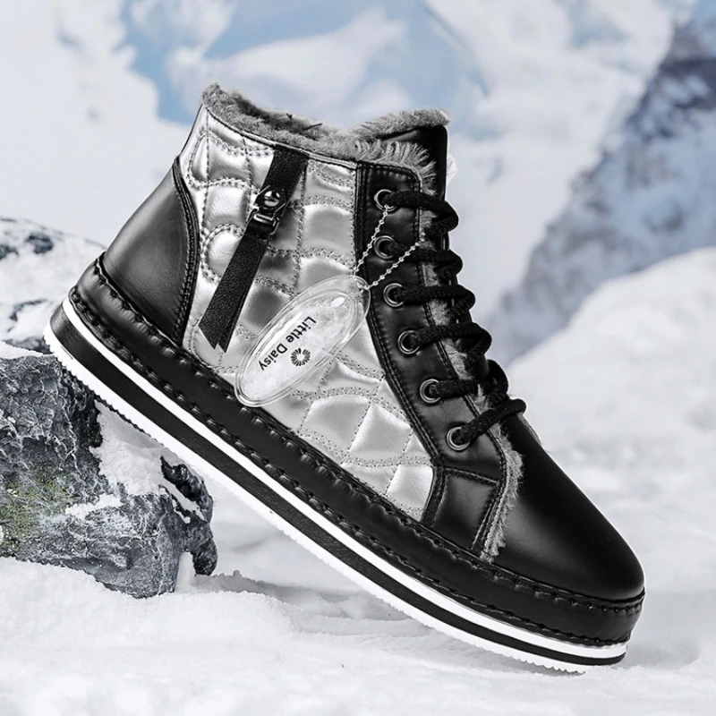الجلود الثلوج أحذية للرجال الشتاء أحذية قطنية عالية الاتجاه الأدوات الأحذية سستة المشي الشقق حذاء من الجلد الرجال حذاء كاجوال 2026