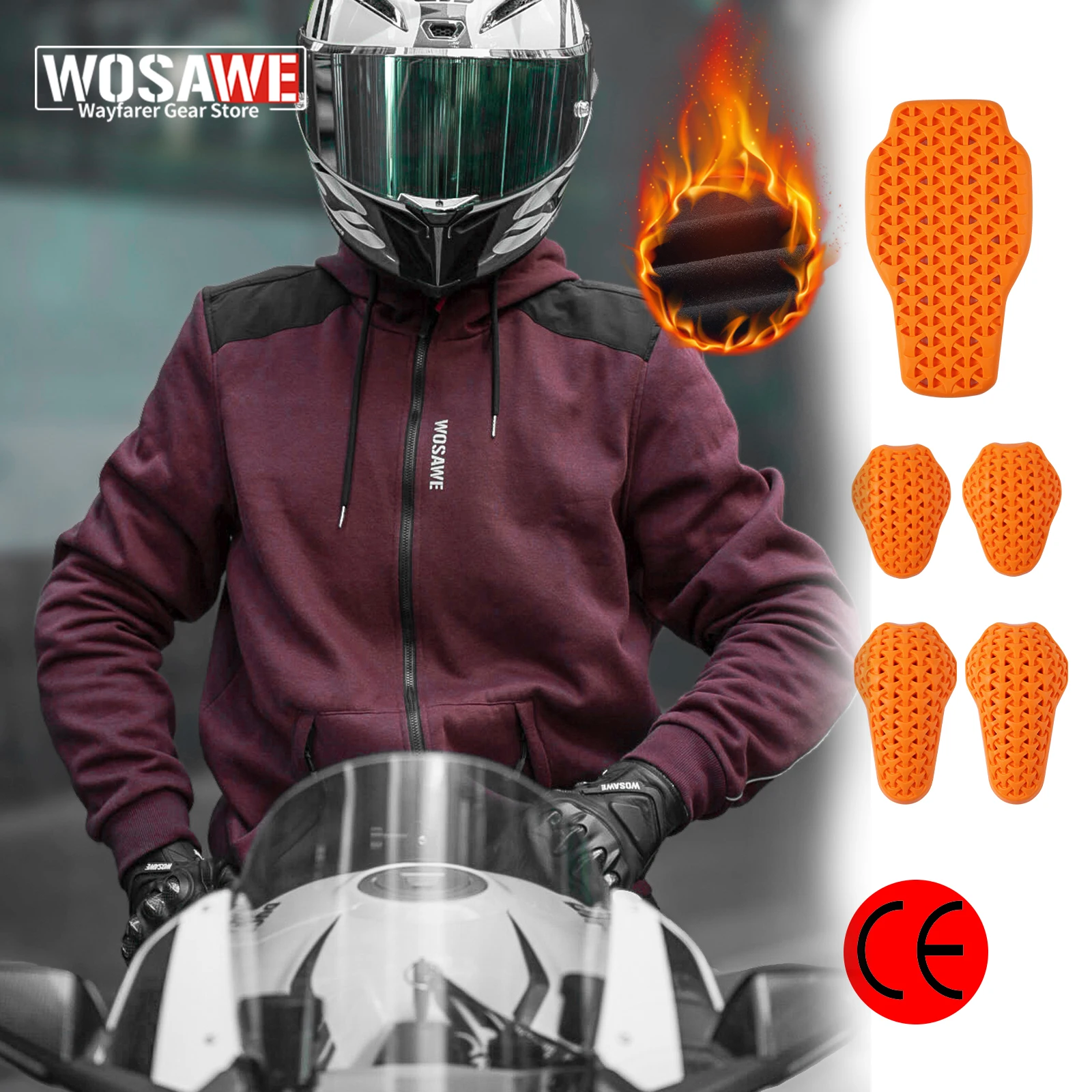 

WOSAWE Men's Black CE Approved Armored Riding Motorcycle Hoodie Sweatshirt Winter Keep Warm Cycling Motocross Off-road Outfit