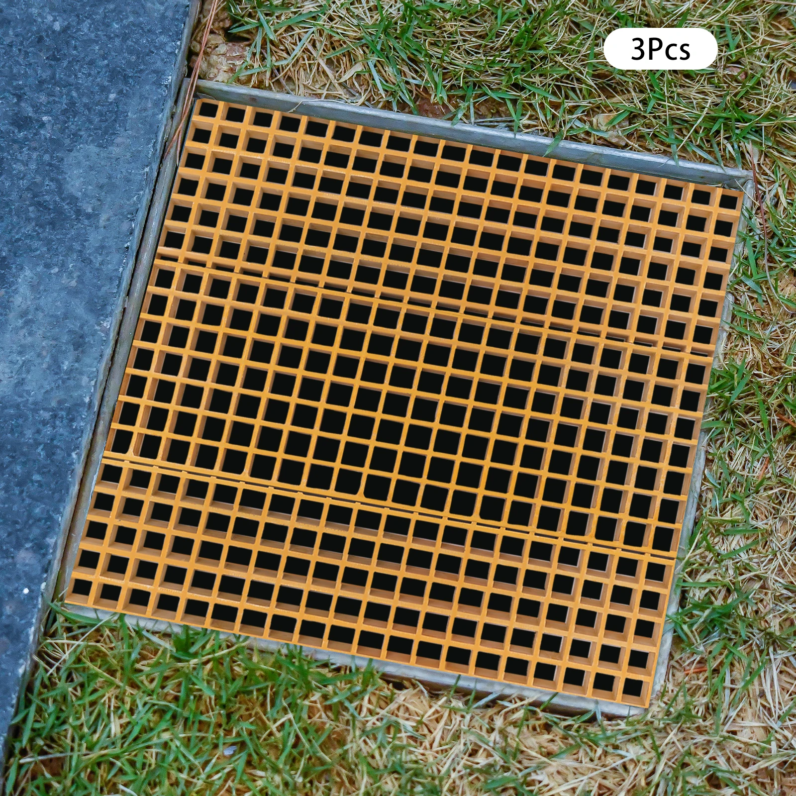 ตะแกรงระบายน้ำกรอบพื้นอุตสาหกรรม FRP 3 ชิ้น ฝาปิดรางระบายน้ำกลางแจ้งความแข็งแรงสูงสำหรับทางเดินสนามหญ้า สีเหลือง